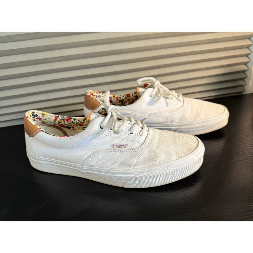 Vans Authentic White Canvas Floral Lined Sneakers Mens 10 Tan Heel Lace Up Shoes